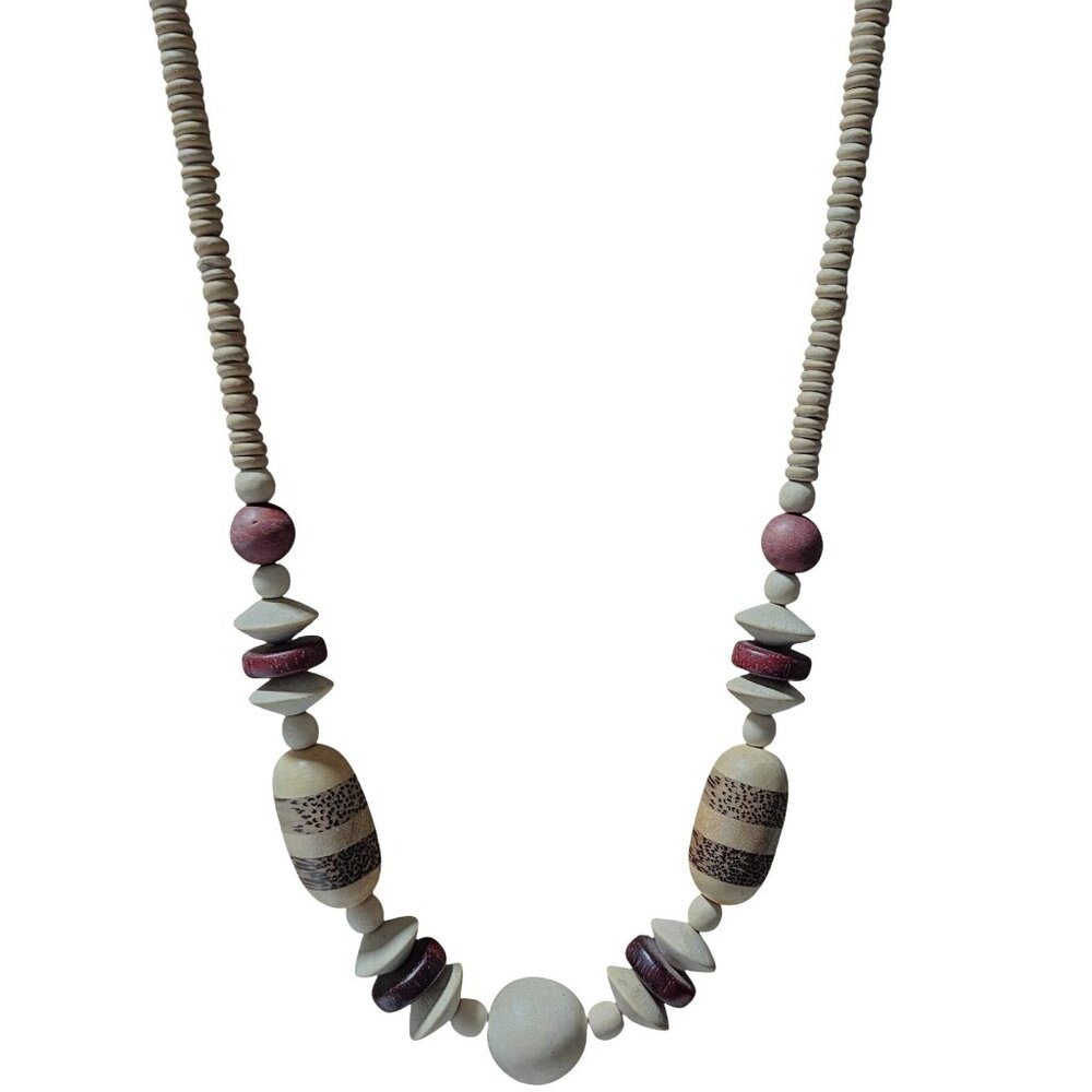 Handmade Boho Wooden Beaded Necklace Brown Cream Red Fashion Jewelry Women